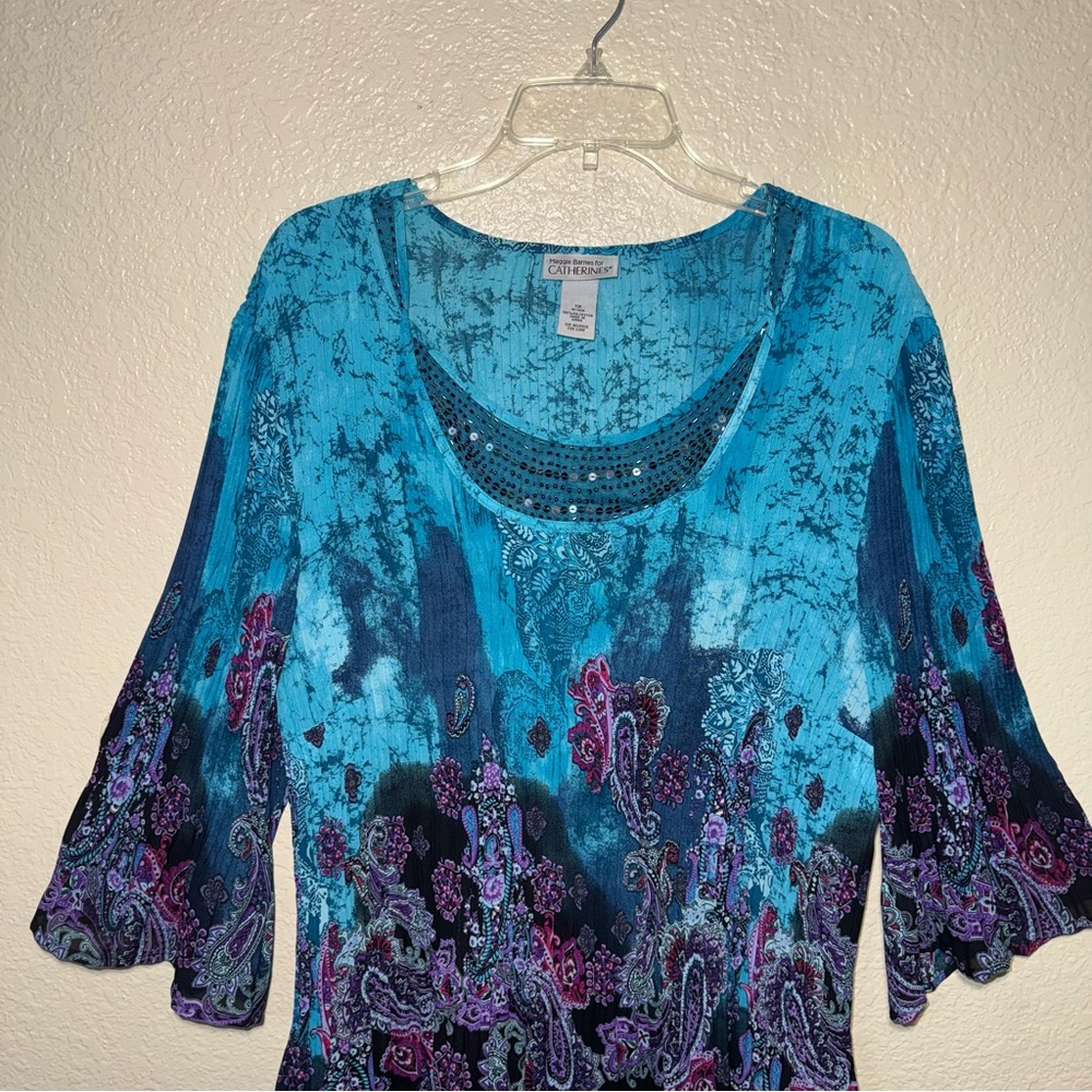 Maggie Barnes Catherines 1X Paisley Boho Tunic Top Beaded Bell Sleeve - Picture 2 of 16